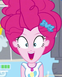 Size: 1920x2371 | Tagged: safe, edit, editor:itsmgh1203, screencap, pinkie pie, best trends forever, equestria girls, equestria girls series, g4, best trends forever: pinkie pie, camera shot, clothes, cropped, cute, cutie mark, cutie mark on clothes, diapinkes, female, geode of sugar bombs, in which pinkie pie forgets how to gravity, looking at you, magical geodes, open mouth, pinkie being pinkie, pinkie physics, ponk, solo, tank top, upside down