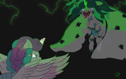 Size: 1280x809 | Tagged: safe, artist:schumette14, princess flurry heart, oc, oc:codweb armor, alicorn, changeling, changepony, hybrid, pony, g4, crystal empire, fight, half-siblings, interspecies offspring, offspring, parent:queen chrysalis, parent:shining armor, parents:shining chrysalis, princess, story included