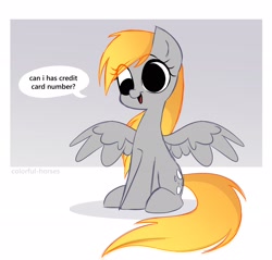 Size: 2500x2391 | Tagged: safe, artist:syrupyyy, derpy hooves, pegasus, pony, g4, cute, derpabetes, dialogue, eye clipping through hair, eyebrows, eyebrows visible through hair, high res, no catchlights, no iris, seems legit, smiling, solo, spread wings, syrupyyy is trying to murder us, this will end in identity theft, wings