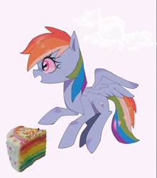 Size: 1563x1769 | Tagged: safe, artist:destroyer_aky, rainbow dash, pegasus, pony, g4, cake, female, flying, food, mare, solo, spread wings, wings