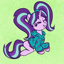 Size: 2048x2048 | Tagged: safe, artist:sophie scruggs, starlight glimmer, pony, unicorn, g4, abstract background, alternate hairstyle, clothes, cute, eyes closed, glimmerbetes, grin, high res, hoodie, i can't believe it's not aria blaze, pigtails, smiling, solo