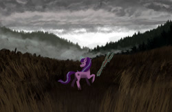 Size: 2000x1300 | Tagged: safe, artist:necromarecy, starlight glimmer, pony, unicorn, g4, equal cutie mark, glowing horn, horn, scenery, solo, staff, staff of sameness