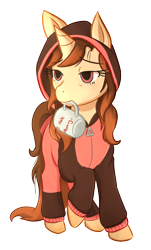 Size: 1132x1880 | Tagged: safe, artist:foxhatart, oc, oc only, oc:autumn scribble, pony, unicorn, clothes, coffee mug, female, mare, mouth hold, mug, onesie, pajamas, simple background, solo, transparent background
