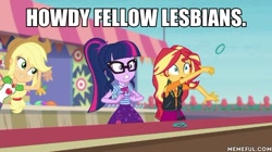 Size: 600x337 | Tagged: safe, edit, edited screencap, screencap, applejack, sci-twi, sunset shimmer, twilight sparkle, equestria girls, equestria girls specials, g4, my little pony equestria girls: better together, my little pony equestria girls: rollercoaster of friendship, caption, geode of empathy, geode of super strength, geode of telekinesis, image macro, magical geodes, text