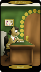 Size: 1500x2591 | Tagged: safe, artist:sixes&sevens, part of a set, diamond tiara, filthy rich, spoiled rich, earth pony, pony, chair, desk, door, family photo, filing cabinet, male, minor arcana, office, quill, sitting, solo, tarot card, ten of coins