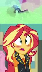 Size: 940x1608 | Tagged: safe, edit, edited screencap, screencap, adagio dazzle, sunset shimmer, equestria girls, equestria girls specials, find the magic, g4, my little pony equestria girls: better together, my little pony equestria girls: forgotten friendship, blushing, female, geode of empathy, lesbian, magical geodes, ship:sunsagio, shipping
