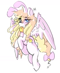 Size: 1681x2020 | Tagged: safe, artist:haichiroo, oc, oc only, pegasus, pony, bell, bell collar, bow, bunny ears, collar, crying, flying, looking at you, solo, tail bow