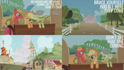 Size: 2000x1125 | Tagged: safe, edit, edited screencap, editor:quoterific, screencap, applejack, big macintosh, granny smith, earth pony, pony, g4, season 1, swarm of the century, applejack's hat, cowboy hat, female, floppy ears, hat, male, mare, open mouth, shocked, stallion, sweet apple acres, sweet apple acres barn, trio