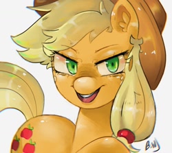 Size: 1600x1426 | Tagged: safe, artist:haichiroo, applejack, earth pony, pony, g4, looking at you, open mouth, smiling, solo