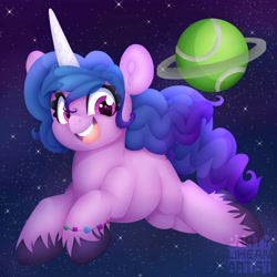 Size: 4000x4000 | Tagged: safe, artist:partylikeanartist, izzy moonbow, pony, unicorn, g5, ball, bracelet, cute, eye clipping through hair, eyebrows, eyebrows visible through hair, female, flying, gradient mane, hooves, izzy's tennis ball, izzybetes, jewelry, lineless, mare, open mouth, planet, solo, space, stars, tennis ball, unshorn fetlocks
