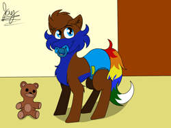 Size: 1600x1200 | Tagged: safe, artist:jay_wackal, oc, oc only, oc:rubik, earth pony, pony, age regression, colt, cute, diaper, foal, male, original character do not steal, pacifier, teddy bear, younger