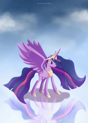 Size: 1024x1424 | Tagged: safe, artist:nnaly, twilight sparkle, alicorn, pony, the last problem, cloud, crown, ethereal mane, female, flowing mane, flowing tail, hoof shoes, horn, jewelry, long horn, older, older twilight, peytral, princess twilight 2.0, purple eyes, reflection, regalia, signature, sky, solo, sparkles, spread wings, starry mane, twilight sparkle (alicorn), wings