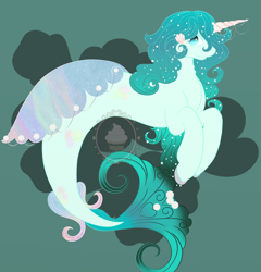 Size: 1916x1998 | Tagged: safe, artist:midnight-mocha, oc, oc only, oc:amino, seapony (g4), blue eyes, dorsal fin, fin wings, fins, fish tail, flowing tail, green background, looking at you, seashell, simple background, smiling, solo, tail, trade, watermark, wings