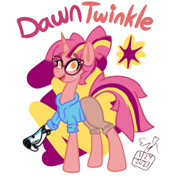 Size: 1106x1106 | Tagged: safe, artist:erynerikard, oc, oc only, oc:dawn twinkle, pony, unicorn, amputee, clothes, digital art, freckles, glasses, heart eyes, hoodie, magical lesbian spawn, offspring, parent:sunset shimmer, parent:twilight sparkle, parents:sunsetsparkle, prosthetic leg, prosthetic limb, prosthetics, shorts, simple background, solo, transparent background, wingding eyes