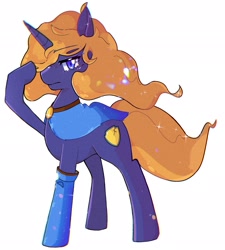 Size: 1844x2048 | Tagged: safe, artist:haichiroo, oc, oc only, pony, unicorn, cape, clothes, hair over one eye, looking at you, solo, sparkles