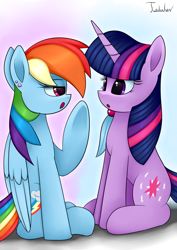 Size: 2480x3507 | Tagged: safe, artist:twidasher, rainbow dash, twilight sparkle, pegasus, pony, unicorn, g4, duo, ear piercing, feather, female, gradient background, high res, lesbian, looking at each other, open mouth, piercing, raised hoof, ship:twidash, shipping, signature, sitting, unicorn twilight
