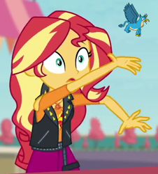 Size: 524x580 | Tagged: safe, artist:horsesplease, edit, edited screencap, editor:horsesplease, screencap, gallus, sunset shimmer, griffon, equestria girls, equestria girls specials, g4, my little pony equestria girls: better together, my little pony equestria girls: rollercoaster of friendship, cropped, crowing, flying, gallus the rooster, gallusposting, geode of empathy, magical geodes, micro, throwing