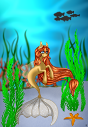 Size: 1000x1446 | Tagged: safe, artist:ashestoashkar, oc, oc only, fish, seapony (g4), blue eyes, commission, coral, crepuscular rays, dorsal fin, ear fluff, female, fins, fish tail, flowing mane, ocean, seaweed, smiling, solo, swimming, tail, underwater, water, ych result