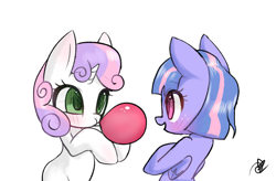 Size: 3647x2393 | Tagged: safe, artist:choyamy, sweetie belle, wind sprint, pegasus, pony, unicorn, blowing, blushing, bubblegum, cute, diasweetes, female, filly, food, gum, simple background, sprintabetes, white background