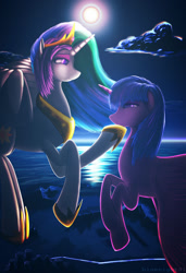 Size: 1024x1494 | Tagged: safe, artist:bluenight01, princess celestia, twilight sparkle, alicorn, pony, g4, horse play, cloud, colored pupils, female, flowing mane, flying, hoof shoes, horn, looking at each other, moon, moonlight, multicolored hair, night, ocean, purple eyes, sky, twilight sparkle (alicorn), water, wings