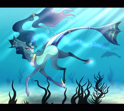 Size: 2581x2323 | Tagged: safe, artist:cherry-corpse, oc, oc only, dolphin, fish, bubble, colored pupils, commission, coral, crepuscular rays, ear fluff, eyelashes, female, fish tail, flowing mane, green eyes, high res, hoof shoes, ocean, seaweed, smiling, solo, sunlight, swimming, tail, underwater, water