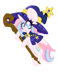 Size: 1280x1595 | Tagged: safe, artist:ladylullabystar, oc, oc only, oc:lullaby star, alicorn, pony, chibi, female, hat, mare, simple background, solo, staff, transparent background, witch hat