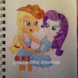 Size: 1080x1080 | Tagged: safe, artist:mmy_little_drawings, applejack, rarity, equestria girls, g4, my little pony equestria girls, applebetes, bare shoulders, clothes, cute, dress, eyelashes, fall formal outfits, female, hat, jackabetes, lesbian, open mouth, raribetes, ship:rarijack, shipping, sleeveless, smiling, strapless, sweet dreams fuel, traditional art, watermark