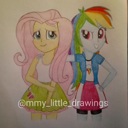 Size: 1013x1013 | Tagged: safe, artist:mmy_little_drawings, fluttershy, rainbow dash, equestria girls, g4, clothes, cutie mark on human, eyelashes, female, grin, side hug, skirt, smiling, traditional art, watermark