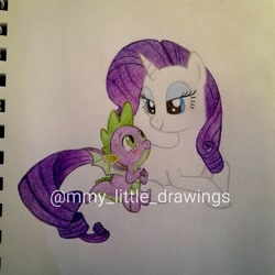 Size: 1080x1080 | Tagged: safe, artist:mmy_little_drawings, rarity, spike, dragon, pony, unicorn, g4, bedroom eyes, blushing, eyelashes, female, horn, lying down, male, mare, prone, ship:sparity, shipping, sitting, smiling, straight, traditional art, watermark, winged spike, wings