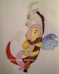 Size: 1080x1350 | Tagged: safe, artist:mmy_little_drawings, discord, fluttershy, draconequus, pegasus, pony, g4, blushing, eyelashes, female, hug, male, mare, ship:discoshy, shipping, smiling, straight, traditional art, watermark, wings