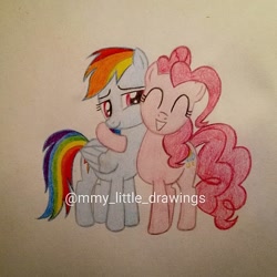 Size: 1080x1080 | Tagged: safe, artist:mmy_little_drawings, pinkie pie, rainbow dash, earth pony, pegasus, pony, g4, duo, eyelashes, eyes closed, female, grin, lesbian, ship:pinkiedash, shipping, side hug, smiling, traditional art, watermark, wings