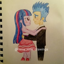 Size: 1080x1080 | Tagged: safe, artist:mmy_little_drawings, flash sentry, twilight sparkle, equestria girls, g4, my little pony equestria girls, bare shoulders, blushing, clothes, dress, eyelashes, fall formal outfits, female, hug, looking at each other, male, ship:flashlight, shipping, skirt, sleeveless, smiling, straight, strapless, suit, traditional art, watermark