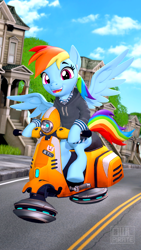 Size: 2160x3840 | Tagged: safe, artist:owlpirate, rainbow dash, pegasus, pony, g4, 3d, biker, clothes, earbuds, high res, hoodie, hoverbike, moped, source filmmaker