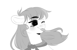 Size: 1280x842 | Tagged: safe, artist:azaani, oc, oc only, earth pony, pony, black and white, bowtie, grayscale, manga, monochrome, one eye closed, simple background, solo, tongue out, white background, wink
