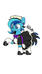 Size: 720x1250 | Tagged: safe, artist:djmatinext, oc, oc only, oc:blue harmony, earth pony, pony, comic:demoted, base used, beard, blue eyes, clothes, crossdressing, facial hair, maid, maid headdress, male, piercing, shoes, simple background, solo, stockings, thigh highs, trace, trap, white background