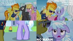 Size: 2000x1125 | Tagged: safe, edit, edited screencap, editor:quoterific, screencap, bulk biceps, cloudchaser, meadow flower, mercury, spitfire, starry eyes (g4), sunshower raindrops, thunderlane, pegasus, pony, g4, season 3, wonderbolts academy, angry, clothes, duo, duo female, female, floppy ears, looking up, male, mare, open mouth, scared, stallion, teeth, walking