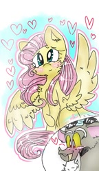 Size: 540x938 | Tagged: safe, alternate version, artist:cocolove2176, discord, fluttershy, draconequus, pegasus, pony, g4, blushing, bust, chest fluff, eyelashes, female, heart, looking up, male, mare, ship:discoshy, shipping, smiling, straight, wings