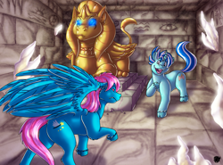 Size: 3454x2550 | Tagged: safe, artist:valyce-negative, oc, oc:azure feather, oc:summer scribe, golem, pegasus, pony, sphinx, unicorn, fanfic:expedition to cloudbreak islands, ceramic, crystal, glowing eyes, gold, high res, horn, pegasus oc, pyramid, spread wings, statue, underground, unicorn oc, wings