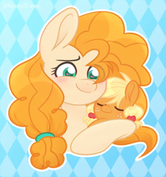 Size: 1701x1810 | Tagged: safe, artist:ninnydraws, applejack, pear butter, earth pony, pony, g4, baby, baby pony, blushing, bust, foal, heart, heart eyes, simple shading, smiling, solo, wingding eyes