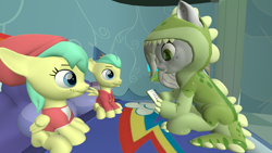 Size: 3840x2160 | Tagged: safe, artist:northern haste, barley barrel, pickle barrel, oc, oc:fossil fluster, earth pony, pegasus, pony, g4, 3d, 4k, animal costume, animal onesie, barrel twins, bed, book, brother and sister, clothes, costume, dinosaur costume, foalsitter, foalsitting, high res, kigurumi, onesie, siblings, source filmmaker, twins