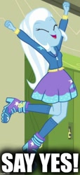 Size: 500x1092 | Tagged: safe, edit, edited screencap, screencap, trixie, equestria girls, equestria girls specials, g4, my little pony equestria girls: better together, my little pony equestria girls: forgotten friendship, caption, eyes closed, image macro, imgflip, jumping, meme, text