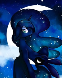 Size: 1080x1350 | Tagged: safe, artist:tessa_key_, princess luna, alicorn, pony, g4, crescent moon, ethereal mane, eyelashes, female, floppy ears, galaxy mane, horn, lidded eyes, mare, moon, night, sitting, sitting on the moon, smiling, solo, stars, tangible heavenly object, transparent moon, wings