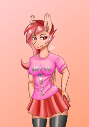 Size: 1200x1700 | Tagged: safe, artist:zachc, oc, oc only, bat pony, anthro, clothes, ear fluff, female, shirt, skirt, socks, solo, thigh highs, waifu, wings, zettai ryouiki