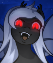 Size: 1322x1560 | Tagged: source needed, safe, artist:sb66, oc, oc only, oc:midnight ruby, bat pony, semi-anthro, bat pony oc, fangs, female, glowing eyes, open mouth, red eyes, red eyes take warning, solo, spooky, spread wings, white mane, wings