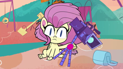 Size: 1280x720 | Tagged: safe, screencap, fluttershy, pegasus, pony, g4.5, my little pony: pony life, the crystal capturing contraption, spoiler:pony life s02e02, bag, camera, female, mare, messy mane, playground, sitting, slide, slit pupils, solo, surprised, swing set, teeter-totter, tripod, wings