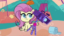 Size: 800x450 | Tagged: safe, screencap, fluttershy, rainbow dash, pegasus, pony, g4.5, my little pony: pony life, the crystal capturing contraption, spoiler:pony life s02e02, animated, bag, camera, cute, eyes closed, female, gif, laughing, mare, messy mane, playground, rainbow trail, shyabetes, sitting, slide, surprised, swing set, teeter-totter, tripod, wings