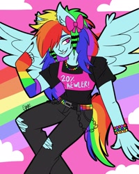 Size: 1000x1250 | Tagged: safe, artist:checkered_egg, rainbow dash, pegasus, anthro, g4, 20% cooler, arm warmers, bracelet, chains, clothes, cloud, female, hair over one eye, jewelry, nail polish, necklace, pants, rainbow, shirt, signature, sitting, smiling, solo, t-shirt, torn clothes, wings