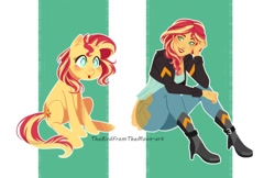 Size: 1280x828 | Tagged: safe, artist:thebirdfromthemoon, sunset shimmer, human, pony, unicorn, equestria girls, g4, :p, ass, blushing, butt, clothes, cute, female, human ponidox, jacket, jeans, mare, pants, self ponidox, shimmerbetes, sitting, smiling, tongue out