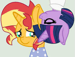 Size: 743x564 | Tagged: safe, artist:jadeharmony, sci-twi, sunset shimmer, twilight sparkle, unicorn, fanfic:sunset shimmer discovers her feet, equestria girls, g4, base used, cheek kiss, crossover, cute, equestria girls ponified, female, kissing, lesbian, shimmerbetes, ship:sci-twishimmer, ship:sunsetsparkle, shipping, the little mermaid, unicorn sci-twi