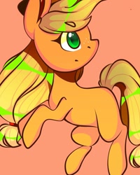 Size: 1080x1350 | Tagged: safe, alternate version, artist:tessa_key_, applejack, earth pony, pony, g4, colored, female, freckles, hat, looking back, mare, pink background, rearing, simple background, smiling, solo